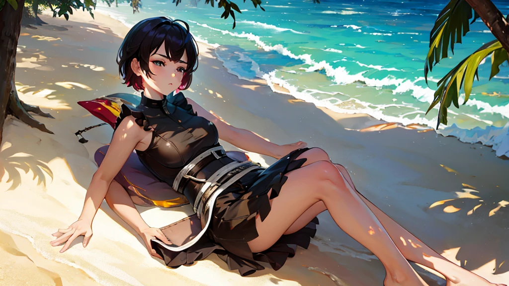 On the beach under the shade of a tree with an arrogant expression