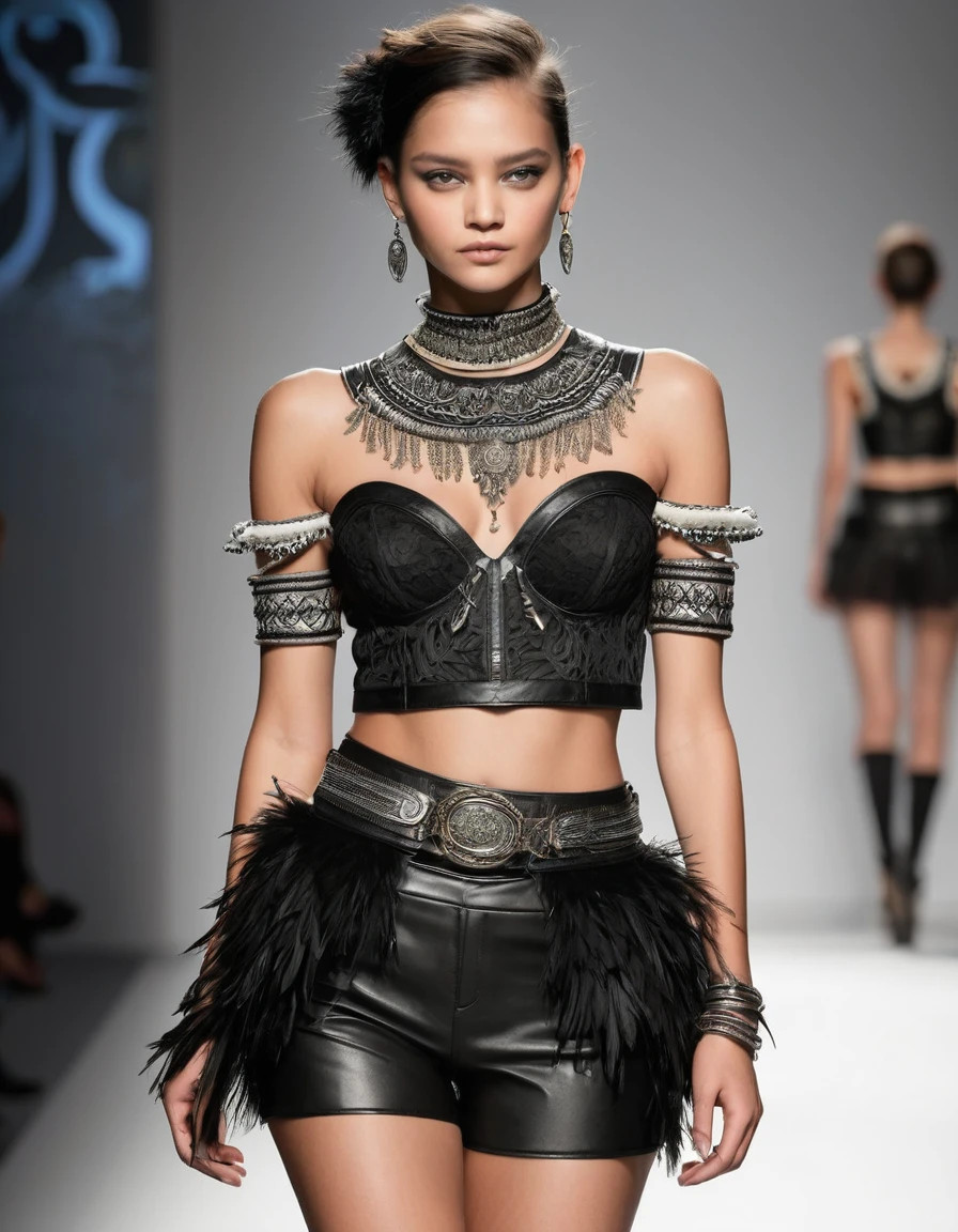 blouse: black lace, sleeveless, with tribal embroidery on the neck and shoulders.
Skirt: Black tulle with asymmetrical layers and lace details and indigenous embroidery.
corset: Black leather with metal buckles and tribal embroidery.
Shorts: Black leather with tribal embroidery and lace details.
belt: Wide black leather with decorated buckle and leather straps with beads and feathers.
accessories: Lace and metal bracelets, bead and feather necklaces, silver rings with engravings, and wide metal bracelet.