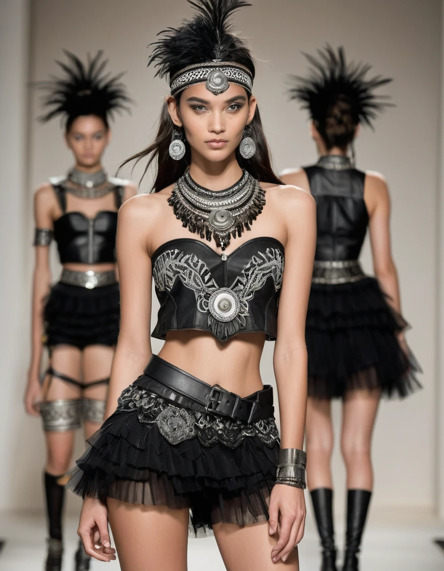 blouse: black lace, sleeveless, with tribal embroidery on the neck and shoulders.
Skirt: Black tulle with asymmetrical layers and lace details and indigenous embroidery.
corset: Black leather with metal buckles and tribal embroidery.
Shorts: Black leather with tribal embroidery and lace details.
belt: Wide black leather with decorated buckle and leather straps with beads and feathers.
accessories: Lace and metal bracelets, bead and feather necklaces, silver rings with engravings, and wide metal bracelet.