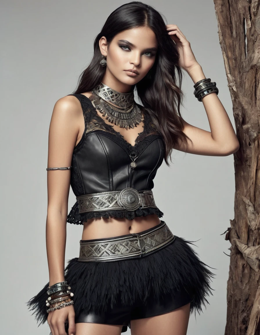 blouse: black lace, sleeveless, with tribal embroidery on the neck and shoulders.
Skirt: Black tulle with asymmetrical layers and lace details and indigenous embroidery.
corset: Black leather with metal buckles and tribal embroidery.
Shorts: Black leather with tribal embroidery and lace details.
belt: Wide black leather with decorated buckle and leather straps with beads and feathers.
accessories: Lace and metal bracelets, bead and feather necklaces, silver rings with engravings, and wide metal bracelet.