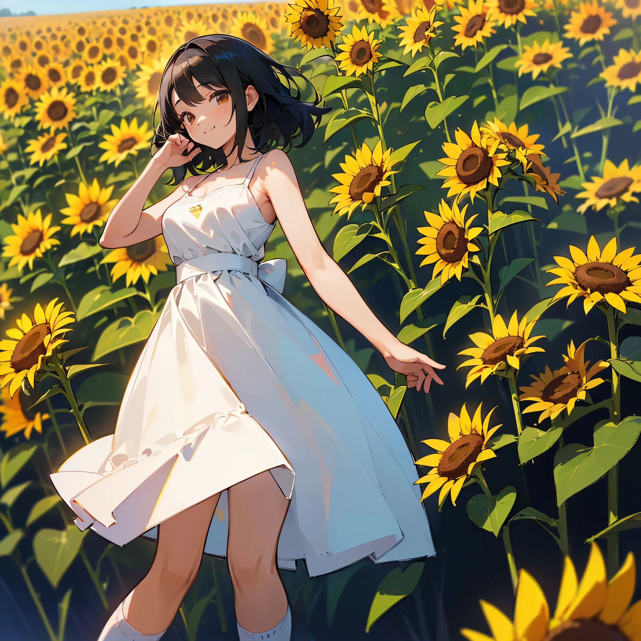 (high quality, High resolution, Very detailed, reality:1.37), Peaceful atmosphere, (Sunflower field), Teenage girl standing alone, (my breasts are big.), Beautiful details, Cute Smile, (Black bob hair), White camisole dress, White socks, loafers.