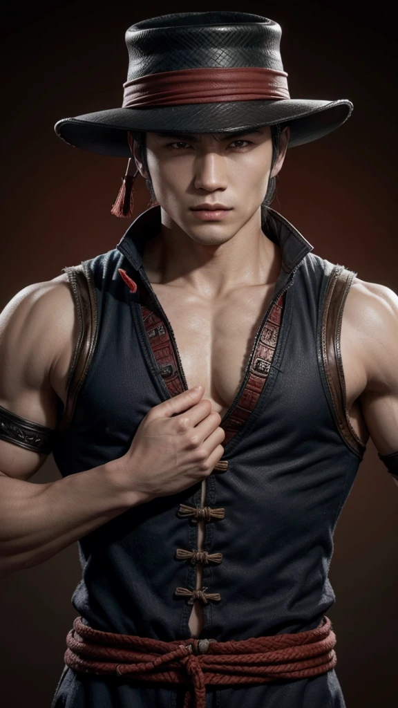 Draw Kung Lao from Mortal Kombat, he is holding his hat and looking ahead