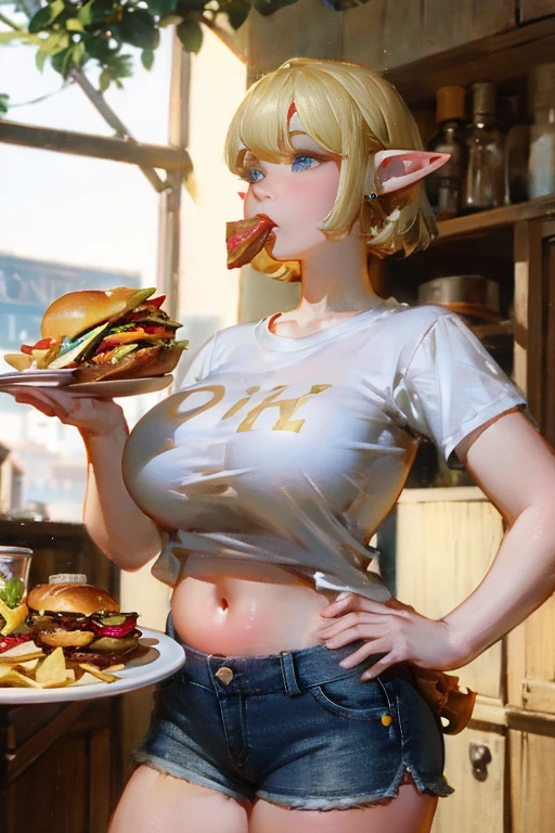 A chubby elf, Chanel-style short blonde hair, blue eyes, pointy ears, thin lips, round face, huge breasts covered by a cotton t-shirt, wearing tight denim shorts, Blue denim shorts, the female Elf is eating hamburgers and fries, standing with her belly showing