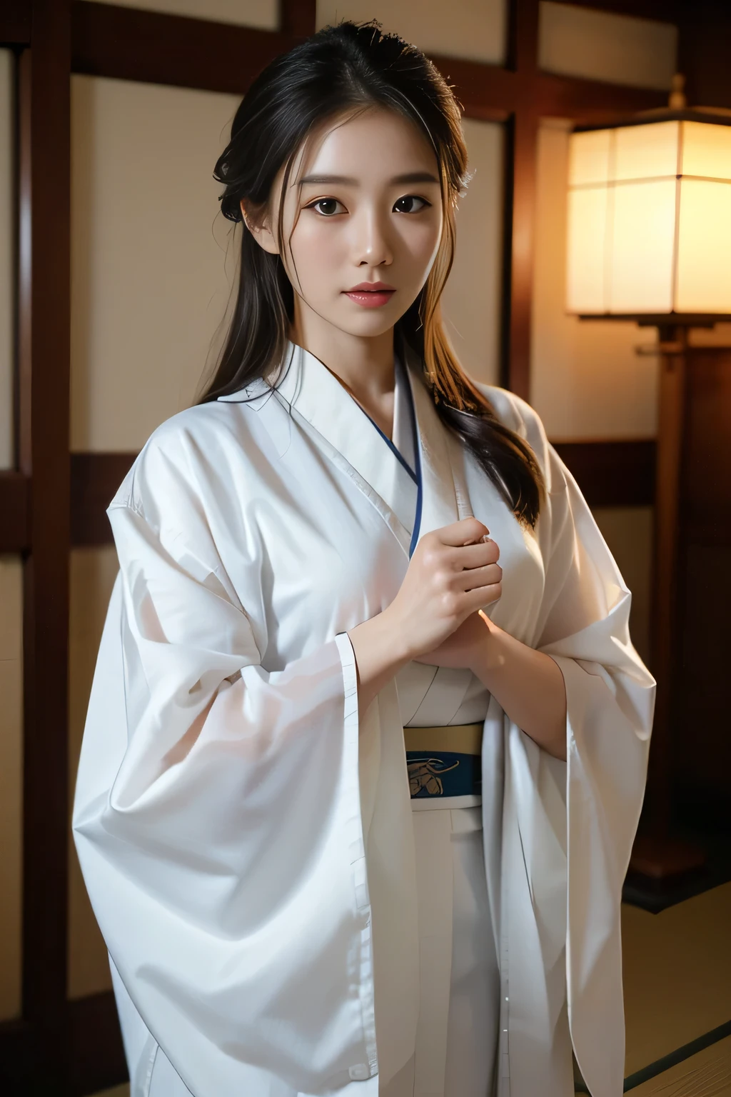 ((Highest quality、8k、masterpiece:1.3))、Wearing a white, wet, translucent kimono、Realistic Japan woman in a temple, Beautiful Japanese Women, Japanese Goddess, Beautiful Japanese woman's face、Tie up your hair、Inserting kanzashi、Sexy Japanese Women、Looking straight at the camera、Look into the eyes、Facing forward、Look forward、Beautiful clavicle、Beautiful Eyes, Translucent dress、Translucent Robe、No shoulder straps、Full Body View、Sleeveless、Beautiful beautiful legs、Beautiful inner thighs、 Belly piercing