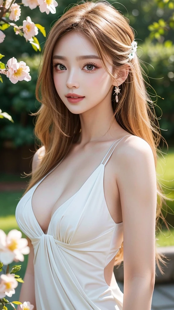 (best quality,4k,8k,highres,masterpiece:1.2),ultra-detailed,(realistic,photorealistic,photo-realistic:1.37),beautiful detailed eyes,beautiful detailed lips,extremely detailed face,longeyelashes,blonde hair,korean model,tall and slender figure,tight dress,cleavage,professional photoshoot,strong makeup,soft lighting,photography,studio setting,vibrant colors,gorgeous background,flowers blooming,blurred foreground,dynamic pose,captivating expression,fashionable accessories,confident and alluring vibe,striking visuals,graceful movement,playful flirtation,impeccable posture,stylish hairdo,sun-kissed skin,ethereal elegance,pure beauty, beautiful smile, big breasts