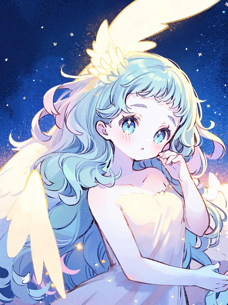 nude angel girl wearing an ethereal translucent dress, pale skin, ((blue mint wavy hair)), white feathers, angel wings, sparkling detailed eyes, golden ratio face, perfect composition, highly detailed, ethereal, (starry night sky background), midjourney style