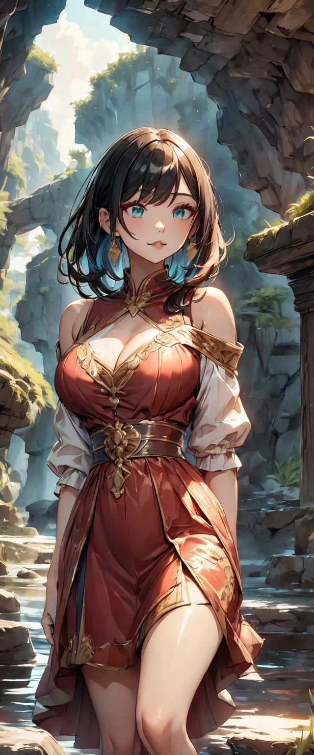 Photo of a woman with natural skin, Seaside cave, The light is shining in, Upper Body, High Twintails, Black hair with red mesh, Sharp eyes with red eyeshadow, Blue-green eyes, Shining eyes, A thin, upturned nose, Well-shaped lips, Big Breasts, ((Black off-the-shoulder dress, Thin shoulder straps)), barefoot, Makeup, Exquisitely crafted with the utmost attention to detail, Vibrant, amazing, Smooth, Cinematic, 4K, Backlight, (()), Shallow depth of field, ((Detailed eyes:1.3, Detailed lips:1.3, high quality, )), masterpiece, Super detailed images, High quality