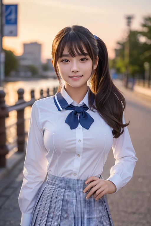 ((masterpiece, Best Quality)), ((A high resolution)), (photograph realistic), Best Shadow, high detailing, Very detailed, (nice hand, Perfect hands), (Face Focus:1.2), ((1girl in)), Beautiful Girl, 18 years old, Brown eyes, (brown ponytail hair 1.5), (big breasts:1.3), (smile:1.3), Glossy white skin, (view from front:1.3), (Very slender:1.3), (Cute face:1.3), (look at viewer:1.4), Kawaii face, thin lips, detailed facial features, Crisp focus, perfect beautiful body and face, Cute childish face, Perfectly focused, (school uniform:1.2), Long bangs, in the twilight city, (cowboy shot:1.2), japanese famous idol, (Standing:1.3)