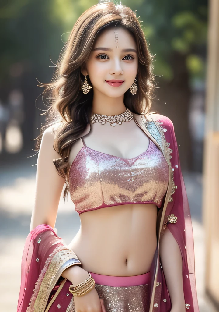 (((desi indian young 14 aged girl))), 14 years girl, cute and pretty face, natural skin, wearing hot Lehenga, choli and Dupatta dress, charming black hair, ((hair ends are blonde)), Indian festival Holi celebration's in background, detailed Holi festival, (wearing simple jewellery), Super Round Big Young Breast, Pretty cute Navel, Soft Oval Navel, Detailed pretty Navel, (Navel Jewelry), Slender girl, bright light, longhair, Bokeh, Indian ,tree branch, colorful, ((Glitter burgundy color princess dress))((choli:1.2,lehenga:1.2,dupatta:1.2)), detailed princess dress, designer dress, smile, pretty, cute, 4k, 8k, CG unity 8k wallpaper, depth of field, ray tracing, perfect figure, sweet round breasts, romantic Eyes, Romantic smile, Romantic Standing Angle, stylish curved angle, (angle with both hands playing with hair), Bright skin, glow face, glow skin, small cleavage, slightly lips open,
