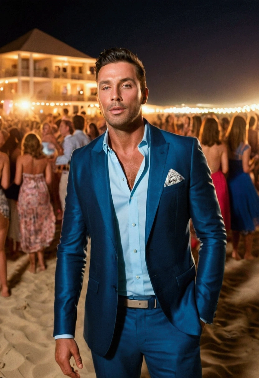 panoramic photo of a man at a night party on the beach