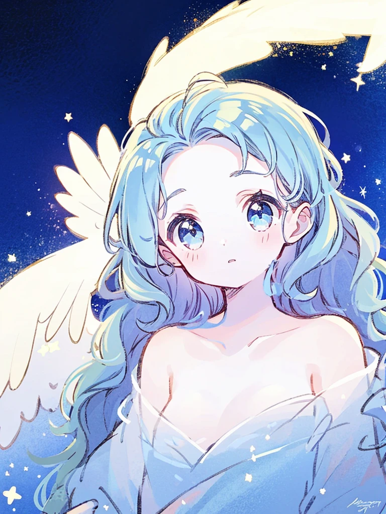 nude angel girl wearing an ethereal translucent dress, pale skin, ((blue mint wavy hair)), white feathers, angel wings, sparkling detailed eyes, golden ratio face, perfect composition, highly detailed, ethereal, (starry night sky background), midjourney style