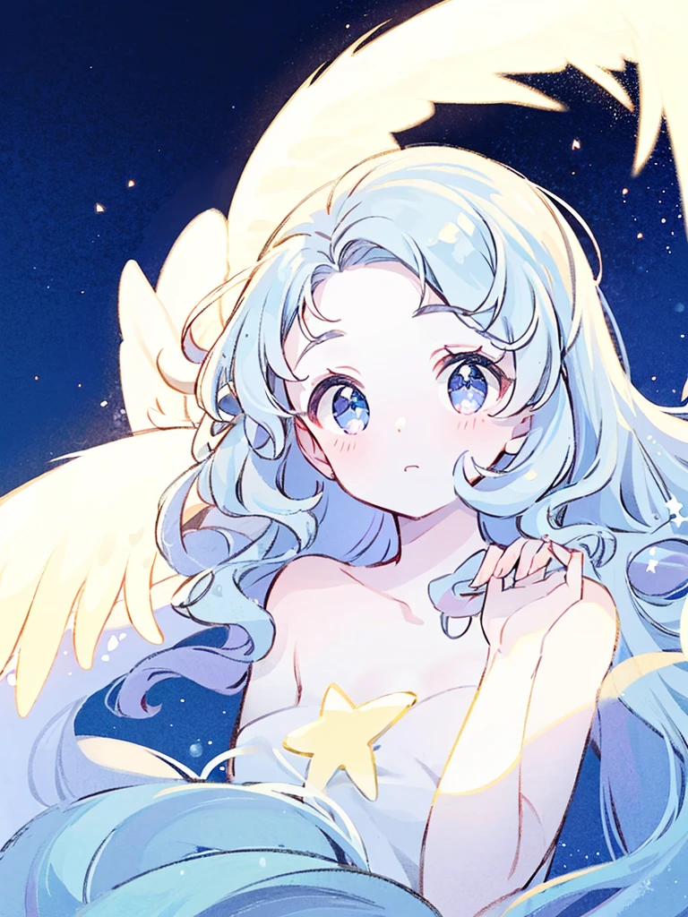 nude angel girl wearing an ethereal translucent dress, pale skin, ((blue mint wavy hair)), white feathers, angel wings, sparkling detailed eyes, golden ratio face, perfect composition, highly detailed, ethereal, (starry night sky background), midjourney style