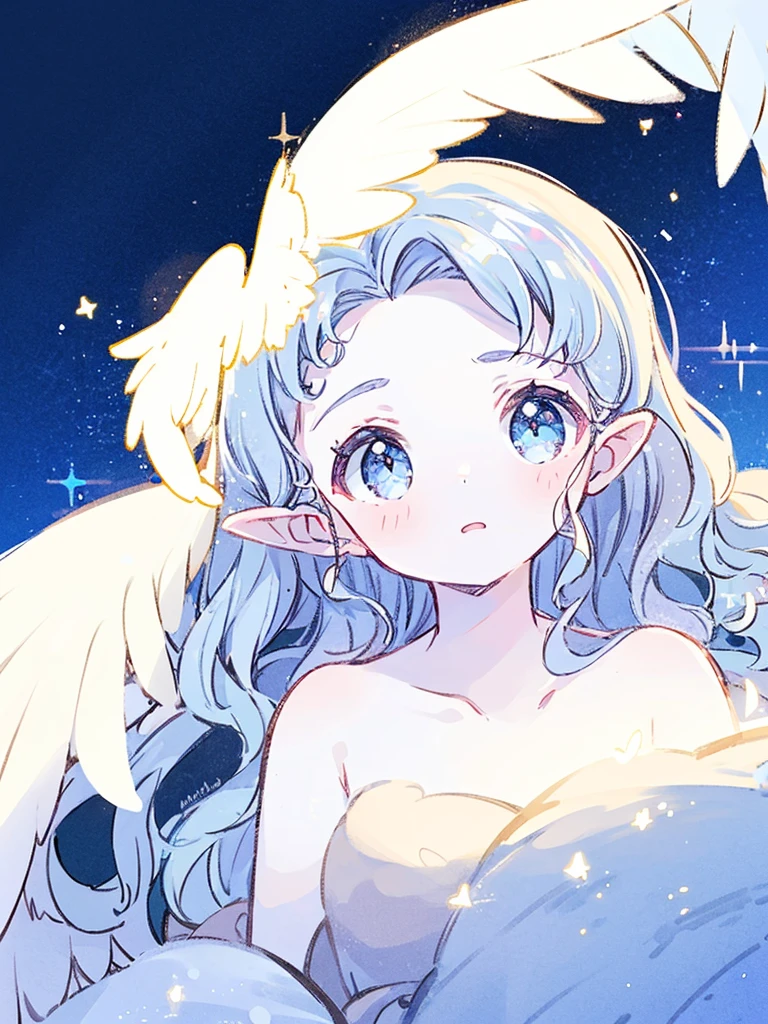 nude angel girl wearing an ethereal translucent dress, pale skin, ((blue mint wavy hair)), white feathers, angel wings, sparkling detailed eyes, golden ratio face, perfect composition, highly detailed, ethereal, (starry night sky background), midjourney style