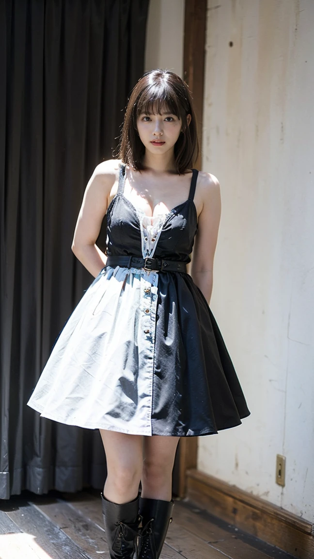 (8K、original photo、best quality、masterpiece:1.2)、(Practical、Practical)、1 girl、18 years old((Black and white dress、transparent、boots、break out、Large Breasts、Front view、Cute outfits、))