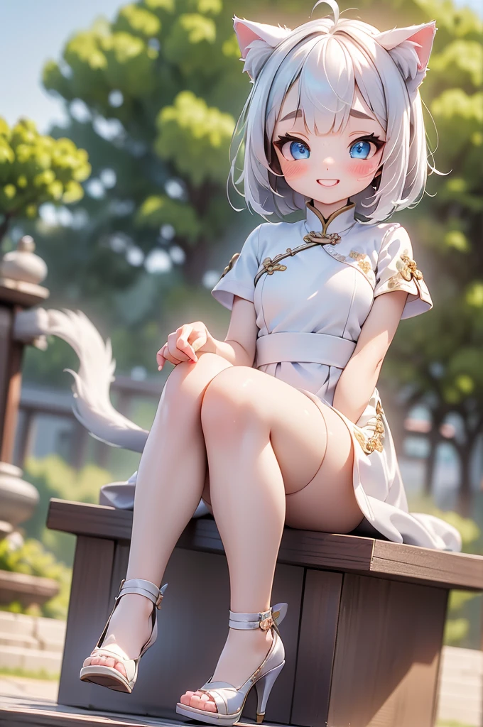 Young、1girl、(((best quality)), ((masterpiece)), (details), masterpiece, best quality, high quality, ulutra detailed, perfect face, ((1girl, blue eyes, cat ears: 1.3 silver bob hair: 2.5,)) and ((Big white wolf sitting on my lap：2.1)) 、Shiny Hair、Glowing Skin、blush、Lustful look、Small breasts，Sidetiletto heels、China dress、Alluring expression，Chinese gorgeous outdoor background、