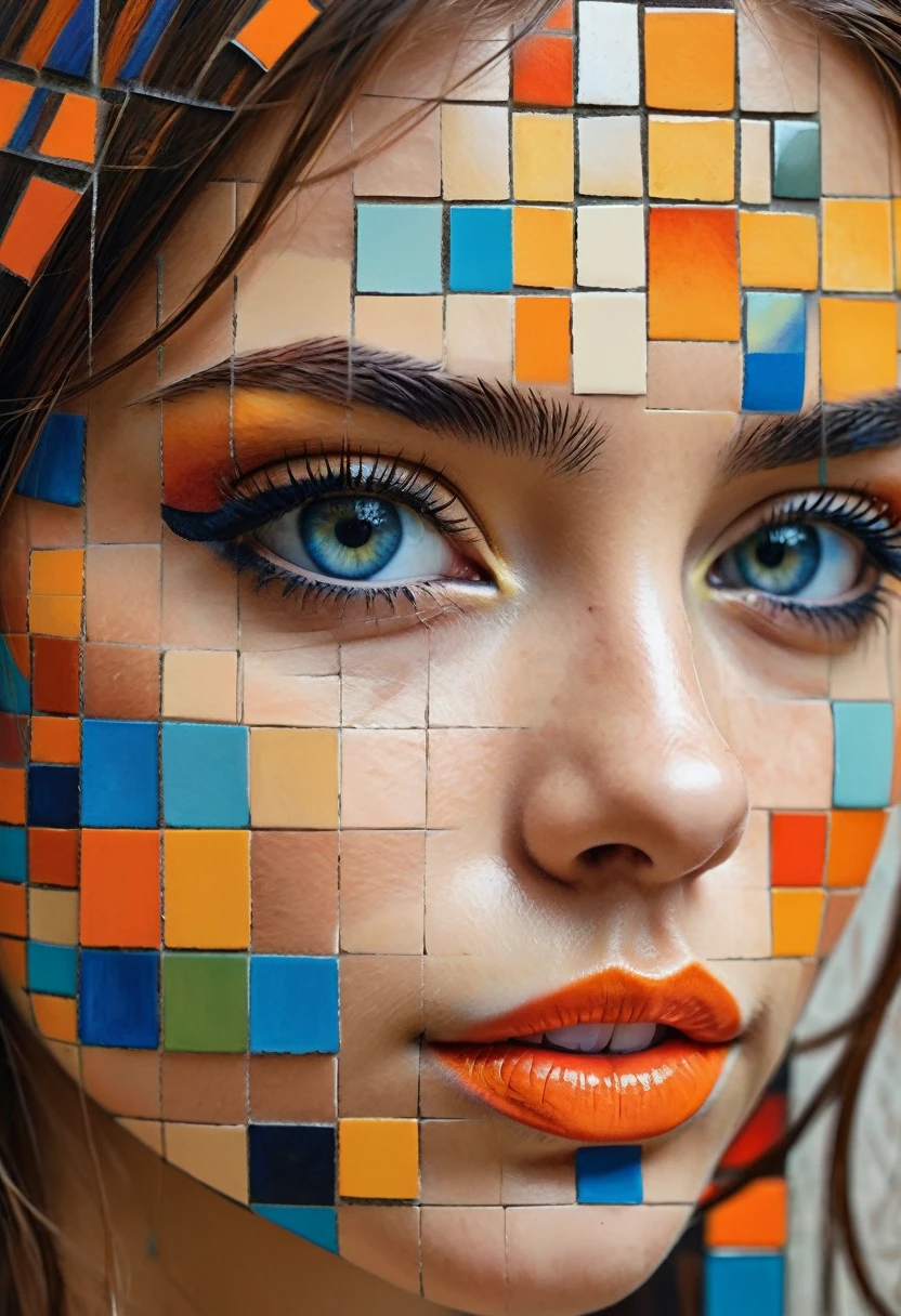 Create a unique and striking piece of art featuring a young woman whose face is composed of an intricate mosaic of squares. Each square should vary in color and shading, coming together to form a cohesive and recognizable portrait. The rest of her body can be depicted in a realistic style, providing a stark contrast to the geometric abstraction of her face. Use vibrant and contrasting colors within the squares to add depth and dimension, while ensuring her facial expression remains natural and expressive. The background can be simple or blurred to keep the focus on her mosaic face, creating a captivating visual effect that blends realism with abstraction.