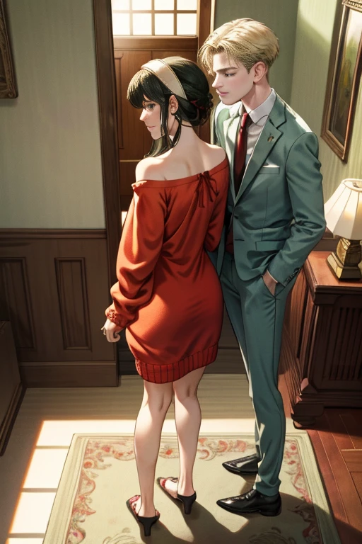 (masterpiece, best quality:1.2), high resolution, intricate details, extremely detailed, realistic and sharp details, (full body), hetero, couple having doggy style sex, front view, (1girl, getting fucked from behind by 1boy, hairband, off shoulder red sweater minidress), (1boy wearing light green business suit, standing behind her and fucked her), photo background, indoors, home, 