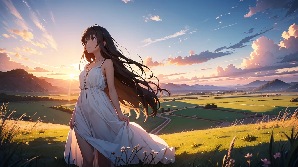 Vast landscape photography、grassland、(View from below、Shows the sky above and below)、High resolution、Highest quality、Very detailed、makoto shinkai、sunset、Girl in white dress looking sideways、College student with long brown hair、Lens blur