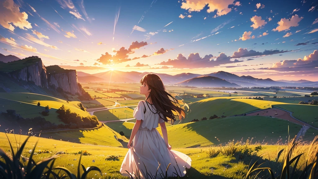 Vast landscape photography、grassland、(View from below、Shows the sky above and below)、High resolution、Highest quality、Very detailed、makoto shinkai、sunset、Girl in white dress looking sideways、College student with long brown hair、Lens blur