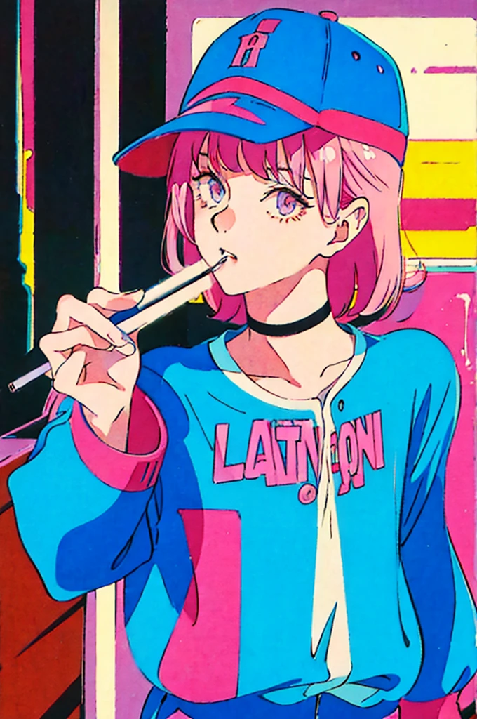 Woman in baseball cap,He is holding up a cigarette and smoking.。, Anime atmosphere of the 80s, 90s anime style, 90s anime style, 80s anime style, In 80s anime art style, 90s anime art style, Anime atmosphere, 80s anime art style, 1980's anime style,Neon Light