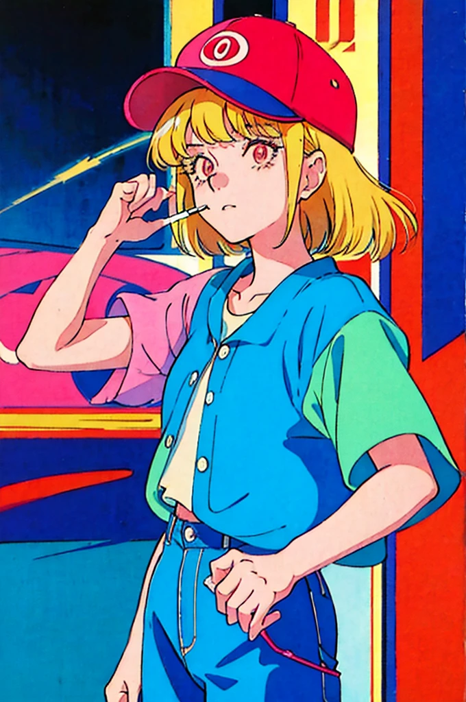 Woman in baseball cap,He is holding up a cigarette and smoking.。, Anime atmosphere of the 80s, 90s anime style, 90s anime style, 80s anime style, In 80s anime art style, 90s anime art style, Anime atmosphere, 80s anime art style, 1980's anime style,Neon Light