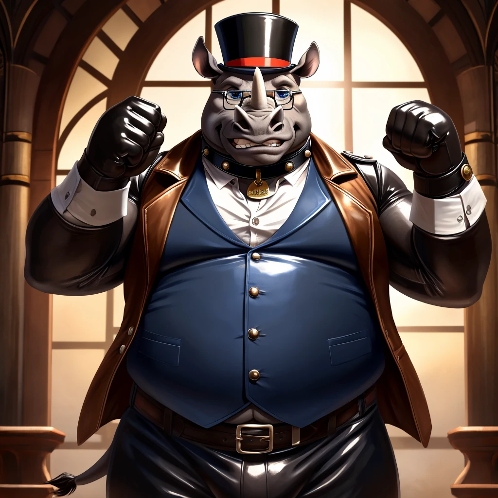 Solo, Male, fat, extremely obese, gentleman, dapper Professor Rhinoceros, blue eyes, (posing:1.3), (soft shading), 4k, hi res, ((detailed face, detailed)), looking at viewer, mouth wide open, steampunk, collared shirt with buttons, top hat, male focus, Explorer Outfit, glasses, monocle, vest with buttons, sleeves rolled up, round eyewear, brown headwear, brown vest, Rhinoceros is wearing a glossy leather dog collar around the neck, Rhinoceros is wearing the leather collar and shirt and vest at the same time, Rhinoceros is wearing glossy white rubber gloves on the hands, wearing white rubber gloves on the feet, gloves are rubber in texture, clenching teeth, clenching fists, leather collar is glossy and shiny with a lot of detail, Rhinoceros is wearing gloves and leather collar at the same time, leather collar has a round dog-tag, leather collar is thick and detailed, leather collar is glossy and shiny, fancy clothing, dapper vest, dapper shirt, leather collar is thick.