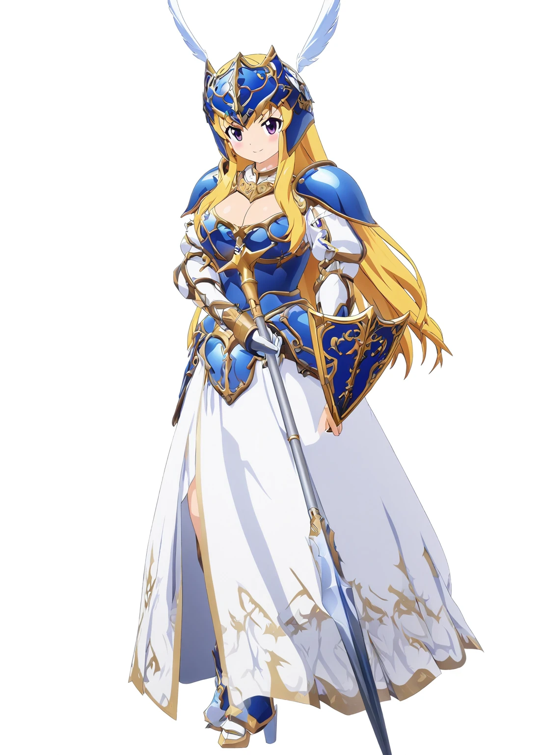 Highest quality, high resolution, High quality game art style, whole body,Valkyrie,perfect hand,Official Art, Smooth game CG art,Cute 3D anime girl render, Visual Novel Sprites, White background,Smooth game CG art, (((Woman with a long spear))),A woman wearing a white dress and blue armor, An intricately designed helmet with white feathers,Small shield, (((In his right hand he holds an elaborate long spear))),Exquisite Blue Armor,Golden Hair, long hair, female knight, Rin々Shii,Large Bust,17 years old,
