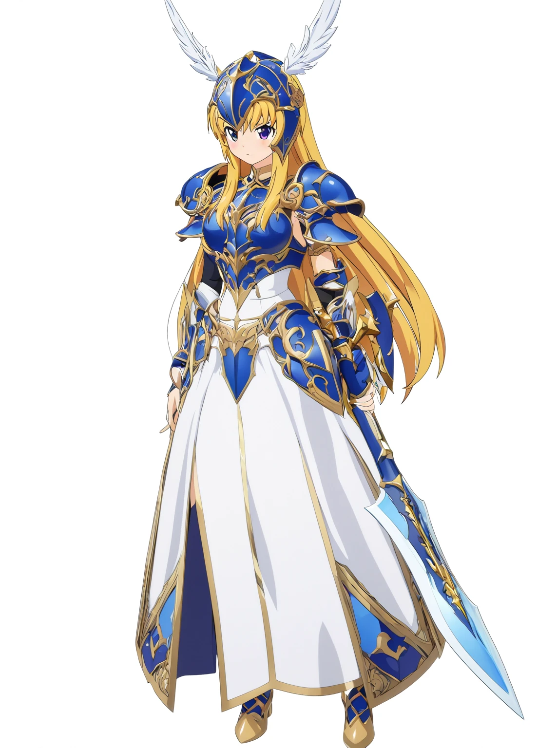 Highest quality, high resolution, High quality game art style, whole body,Valkyrie,perfect hand,Official Art, Smooth game CG art,Cute 3D anime girl render, Visual Novel Sprites, White background,Smooth game CG art, (((Woman with a long spear))),A woman wearing a white dress and blue armor, An intricately designed helmet with white feathers,Small shield, (((In his right hand he holds an elaborate long spear))),Exquisite Blue Armor,Golden Hair, long hair, female knight, Rin々Shii,Large Bust,17 years old,