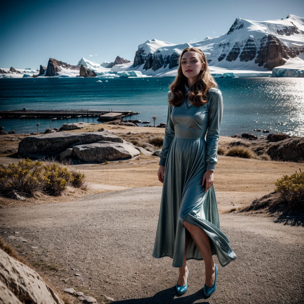 Retro Cam. Amanda seyfried,  Antartica, long dress, pin-up, vintage dress, 22 years old, perfect body, 40's, perspective, half body detail, sharp focus, light mix, detail, 50's, (high skin detail: 1,2), 8k hd, DSLR, Luz outfit, high quality, Fujifilm XT3 Grainy Films.
