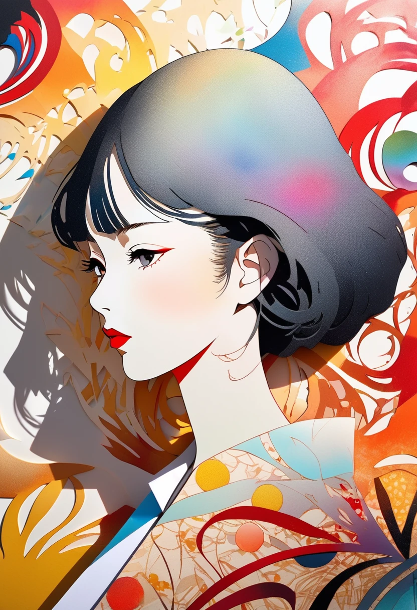 beautiful woman portrait, conceptual installation pop art, 2.5D, delicate and dynamic, fusion of watercolors and oil paintings, fusion of paper cutting and shadow puppetry, magic of vivid color shades and contrasts, gradation, wet in wet, water splash, foggy filter effect, Japanese paper quality, abstract part