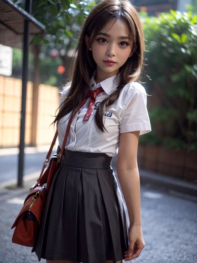 (((Open Stance)))、15Year old girl、((Schoolgirl uniform))、(((Japanese girls' high school uniform)))、Viewer's perspective、(((Lifting skirt to show white lace panties)))、Real、live-action、8K、masterpiece、