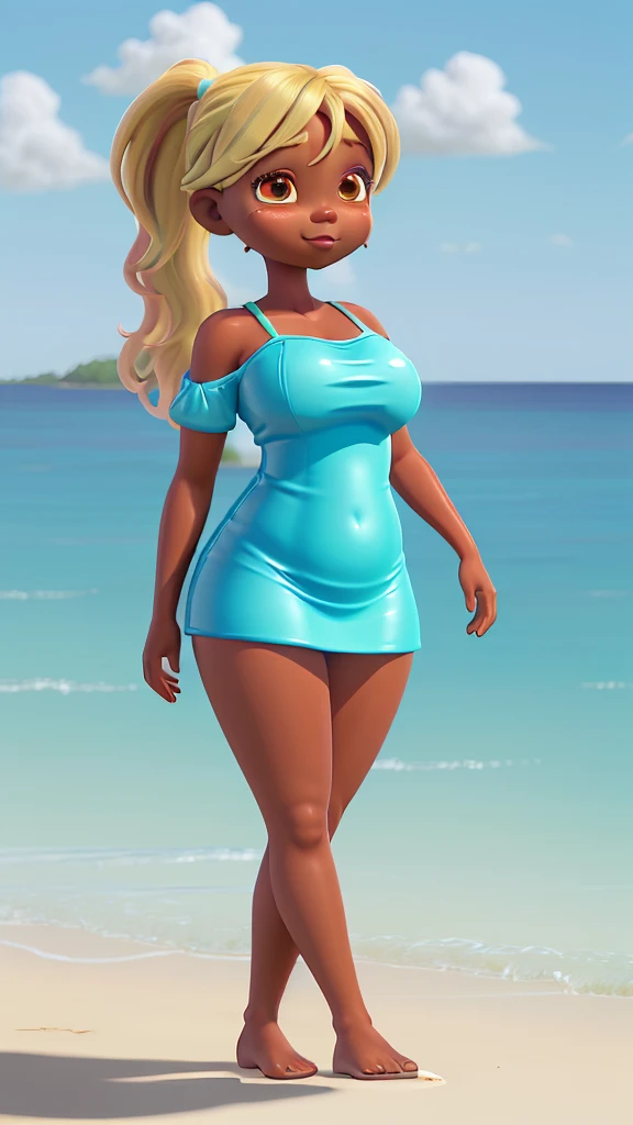 Glossy oil painting; Melanin woman, Chibi style; with a plumper figure, walking along the shoreline. She has pigtail hairs dyed blonde, and is wearing a stylish blue off-shoulder beach dress. She is barefoot, carrying a pair of sandals in one hand, and has a beach bag slung over her shoulder. The background shows a sunny beach scene with clear,fat_booty_, turquoise water, and gentle waves lapping at her feet. The overall mood is relaxed and carefreez huge_breast_ huge_thighs,gigantic_breasts_