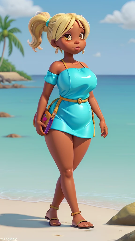 Glossy oil painting; Melanin woman, Chibi style; with a plumper figure, walking along the shoreline. She has pigtail hairs dyed blonde, and is wearing a stylish blue off-shoulder beach dress. She is barefoot, carrying a pair of sandals in one hand, and has a beach bag slung over her shoulder. The background shows a sunny beach scene with clear,fat_booty_, turquoise water, and gentle waves lapping at her feet. The overall mood is relaxed and carefreez huge__ huge_thighs,gigantic_breast
