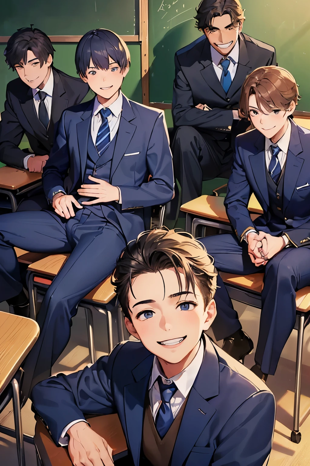 ((best quality)), ((masterpiece)), ((detailed)), (((perfect faces))), (((detailed background))), (((classroom))), (((teenage boys in navy blue suits))), (((looking at viewer))), (((smile, laughing, smirking))), (((sitting))), (((looking over shoulder)))