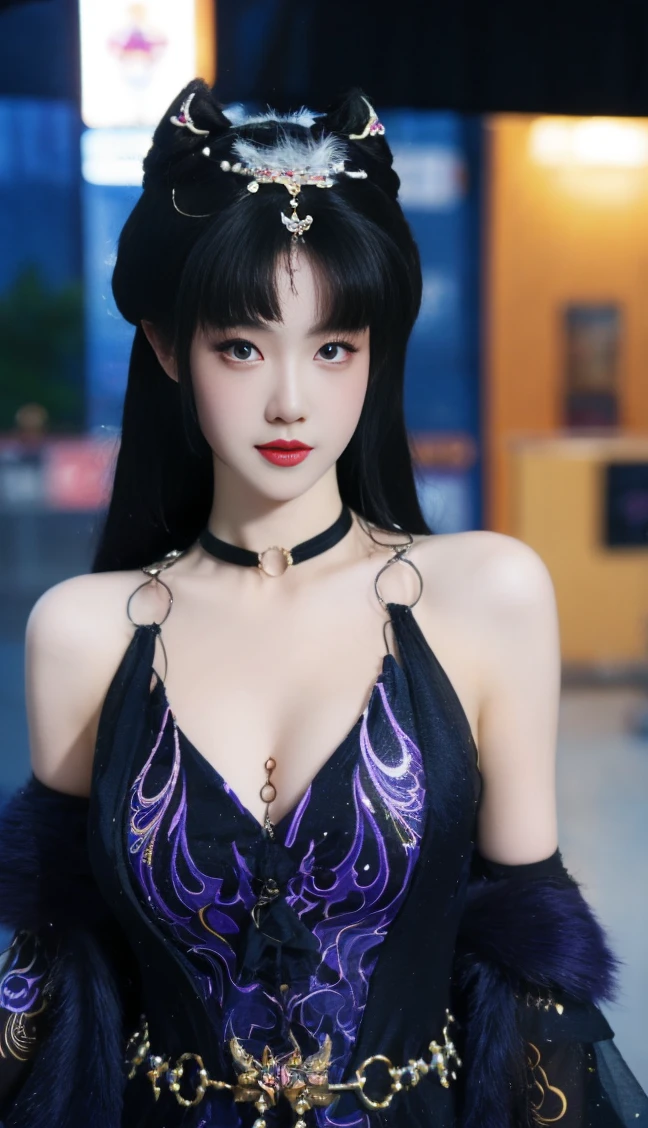 4k ultra high definition、best quality, masterpiece, ultra-high resolution, (Reality: 1.4), 1 girl, solo, Light hair、purple and black、(My girl、My cosmetics)、 Danteidong、(Super Giant breasts :1.3)、( fuck breasts: 1.3), ( (Dark Makeup、Oily skin, Bright skin、Realistic skin texture、Smooth and beautiful skin、Bright and radiant skin)), Dark Cyberpunk、(panorama:1.8)(masterpiece, best quality, Highly detailed, Best shadows), (Detailed background, Dark Fantasy), (Beautiful and subtle face), High contrast, (Optimal lighting, Very subtle), ((Bright)), Colorful, Highly Detailed, Dramatic Light, Intricate Detail, alone , ((Purple hair: 1.5)), Pointed face, Hair between the eyes, Dynamic Angles, Blood splashes, Black Light swirling around the character, Depth of Field, Black Light Particles, (glass shards), Magic Circle, (upper body: 1.5), (upper body), standing, bangs, kimono, white dress, hair ornament,