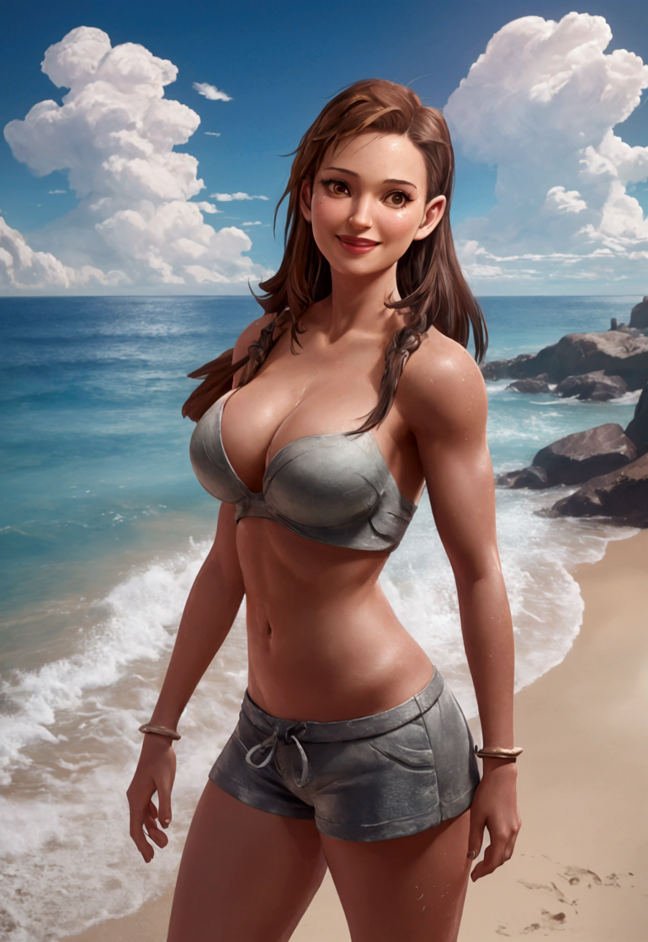a smile woman in a topless nude a big-boobs and shorts posing for a picture, a photorealistic painting by Ren Xiong, Artstation contest winner, digital art, muscular sweat lara croft, ultra realistic concept art, tifa lockhart, perfectly shaded body, tifa, lara croft, photorealistic concept art, ultrarealistic concept art, photorrealistic concept art, hyperrealistic concept art walk on beach background ocean