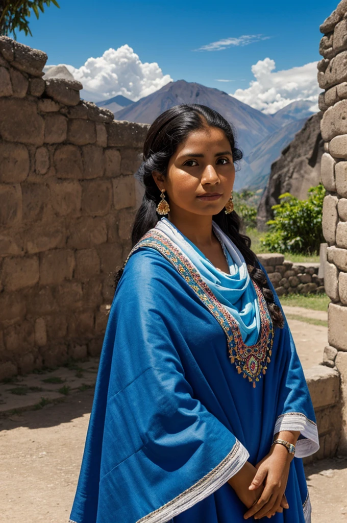 Mestizo Ecuadorian woman in colonial times with a sky blue shawl that emphasizes that she is Ecuadorian in an oil painting from 1700