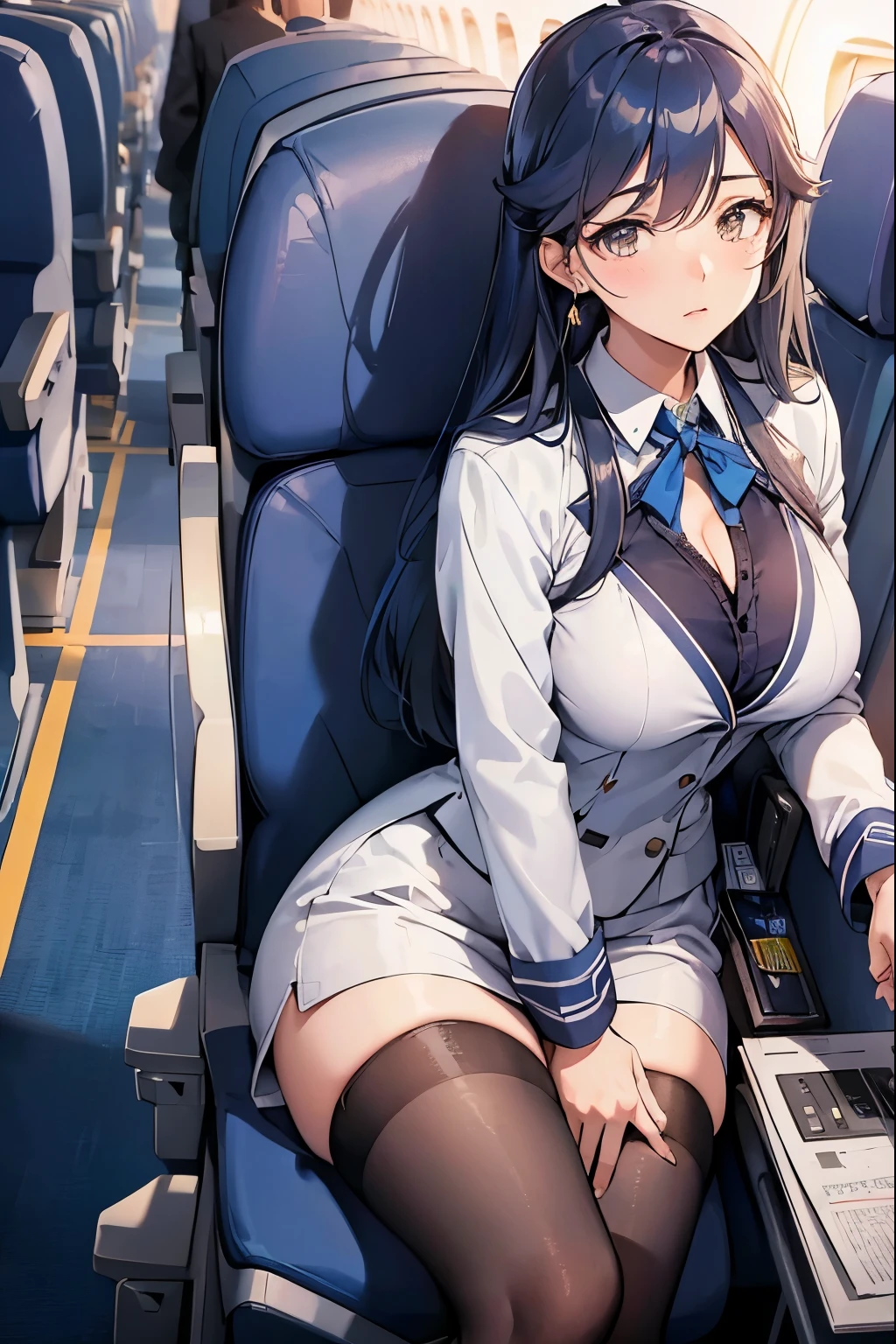 (8K, Highest quality, masterpiece:1.2), (Realistic, photo-Realistic:1.37), (High color saturation:1.0), (Very detailed肌), (Highest quality:1.0), (Ultra-high resolution:1.0) ,(Realistic:1.0), (Very detailed:1.0), (8K, RAW Photos:1.1)、Standing Random Pose, smile, Natural Breasts, Perfect lighting, 30 years old, (mysterious), Clear and detailed, ((Ana_flight attendant, 青いflight attendant_uniform)), Black Pantyhose, (aircraft, aircraft seats), Cute face, Squat , (Pick up a handkerchief), Sexy panties,Adorable expression、Blushing、Blue Eyes、Earrings