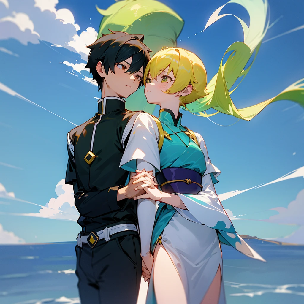 Ryomen sukuna and shinobu kocho, 1 boy and 1 girl, bright blue sky, green greshh background, Shinobu kocho holding hands Royomen sukuna and Shinobu kocho looking at each other