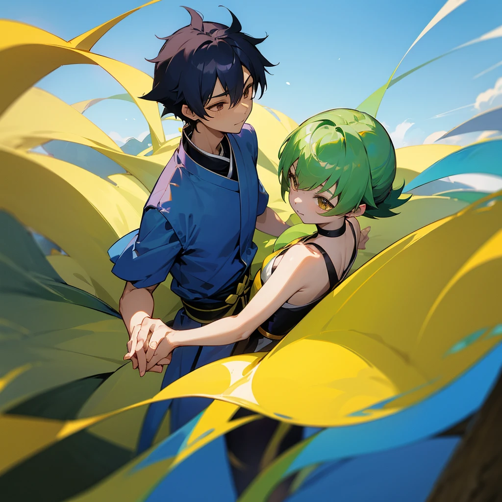 Ryomen sukuna and shinobu kocho, 1 boy and 1 girl, bright blue sky, green greshh background, Shinobu kocho holding hands Royomen sukuna and Shinobu kocho looking at each other