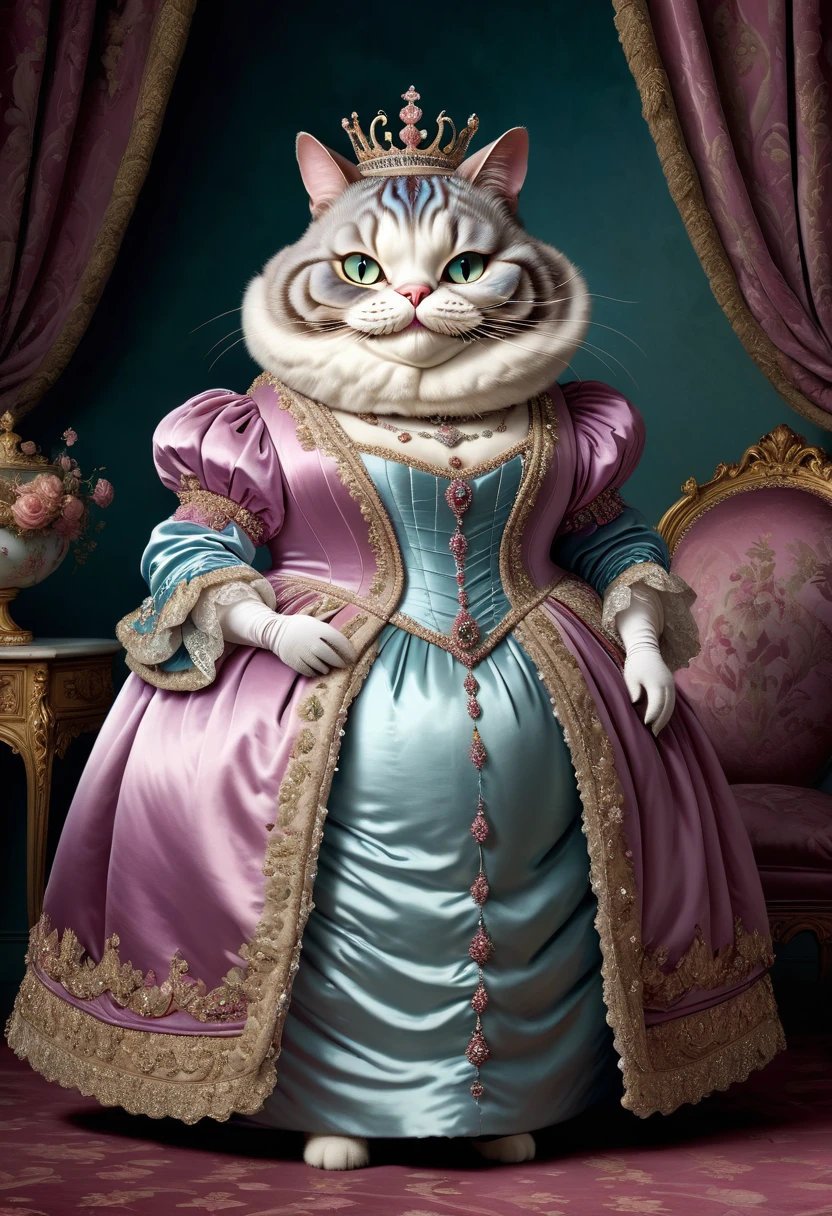 photorealistic portrait of Dressed animals - a ((fat)) (Cheshire cat) Queen, (full body image:1.5),(elegant pose:1.5) Wearing luxury sack-back gown,(wearing luxury tiara),(hands on hips:1.5), Old-fashioned luxury clothes, detailed and opulent description of a queen's aristocratic sack-back gown in Rococo , emphasizing luxurious fabrics, intricate embroidery, and ornate accessories, Rococo style king palace background,(looking at viewer:1.5),score_9, score_8_up, score_7_up, score_6_up, score_5_up, score_4_up,