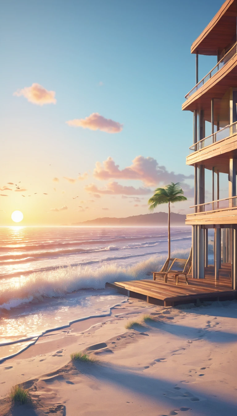 Abstract representation of a beachfront sunrise, illustration, painting, 3d render, cinematic