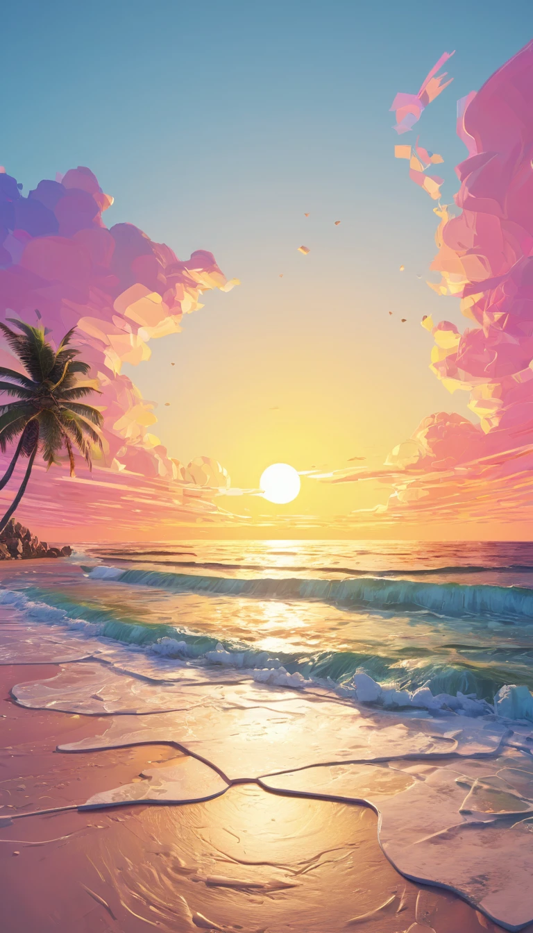 Abstract representation of a beachfront sunrise, illustration, painting, 3d render, cinematic