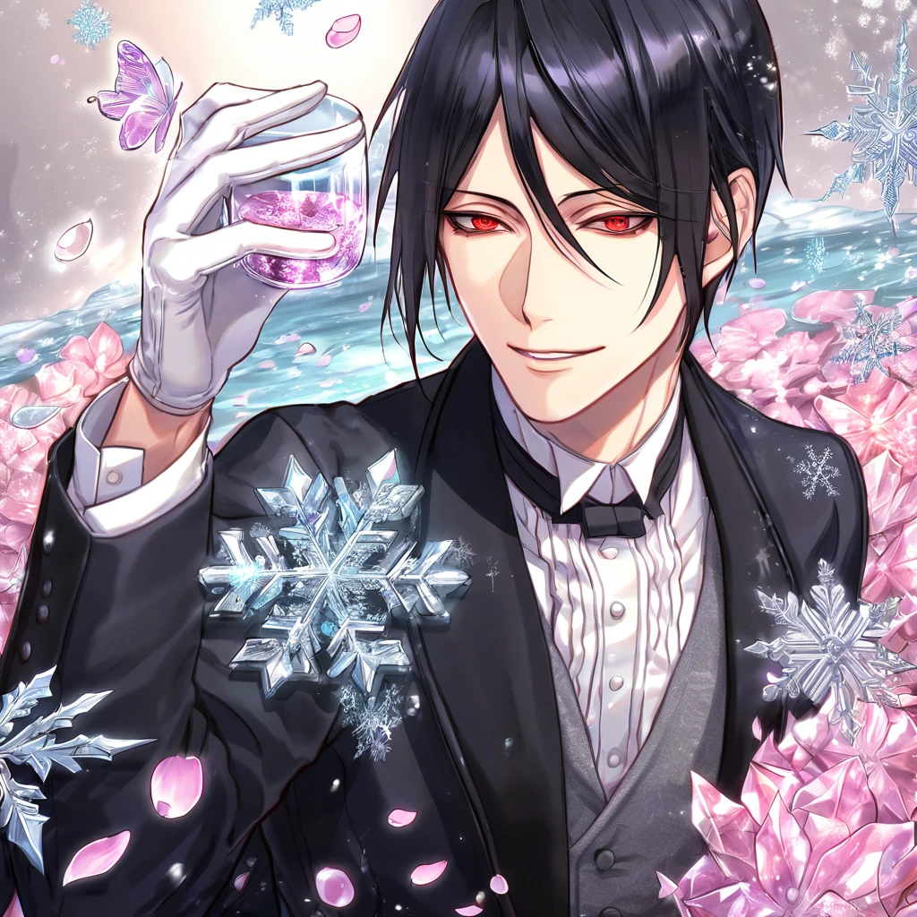 Ultra detailed, HDR, Highres, absurdres, master piece, Sebastian Michaelis, black hair, expressive red eyes, Kuroshitsuji, black jacket, gray vest, white shirt, handsome, glass, ice glittering butterflies, ice, petals, pink ice glass flowers, glittering, water, fantasy, magical, snowflakes, cold, handsome smile, white gloves, Black Butler, solo,