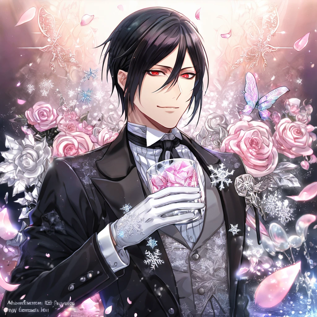 Ultra detailed, HDR, Highres, absurdres, master piece, Sebastian Michaelis, black hair, expressive red eyes, Kuroshitsuji, black jacket, gray vest, white shirt, handsome, glass, ice glittering butterflies, ice, petals, pink ice glass flowers, glittering, water, fantasy, magical, snowflakes, cold, handsome smile, white gloves, Black Butler, solo,
