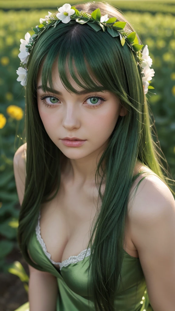 a girl. face sent feeling. Europe. Oval face. long face. delicate facial features. sad eyes. seductively seductive. green eyes. long straight hair. green hair. wreath on head. sad expression. big breasts. Sexy green silk nightgown. shy sitting posture. straight face. in the flower field