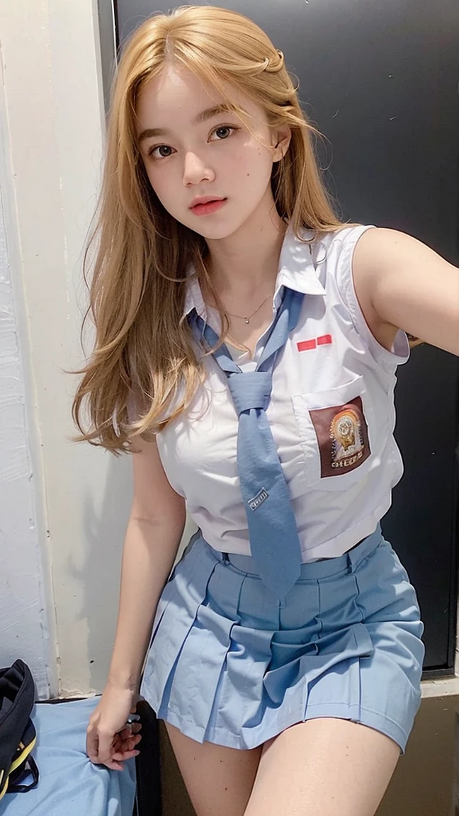 Masterpiece , Beautiful 18 Years Old , Gigantic Large Breast , Cleavage , Sleeveless , ((Wearing High School Uniform)) , High School Skirt , White Sneakers , In Classroom , Take Selfie , ((Centre:1.1)), ((Symetric Picture:1.1)) , ((Blonde Hair:1.1)) , Extremely Detailed , Messy Hair