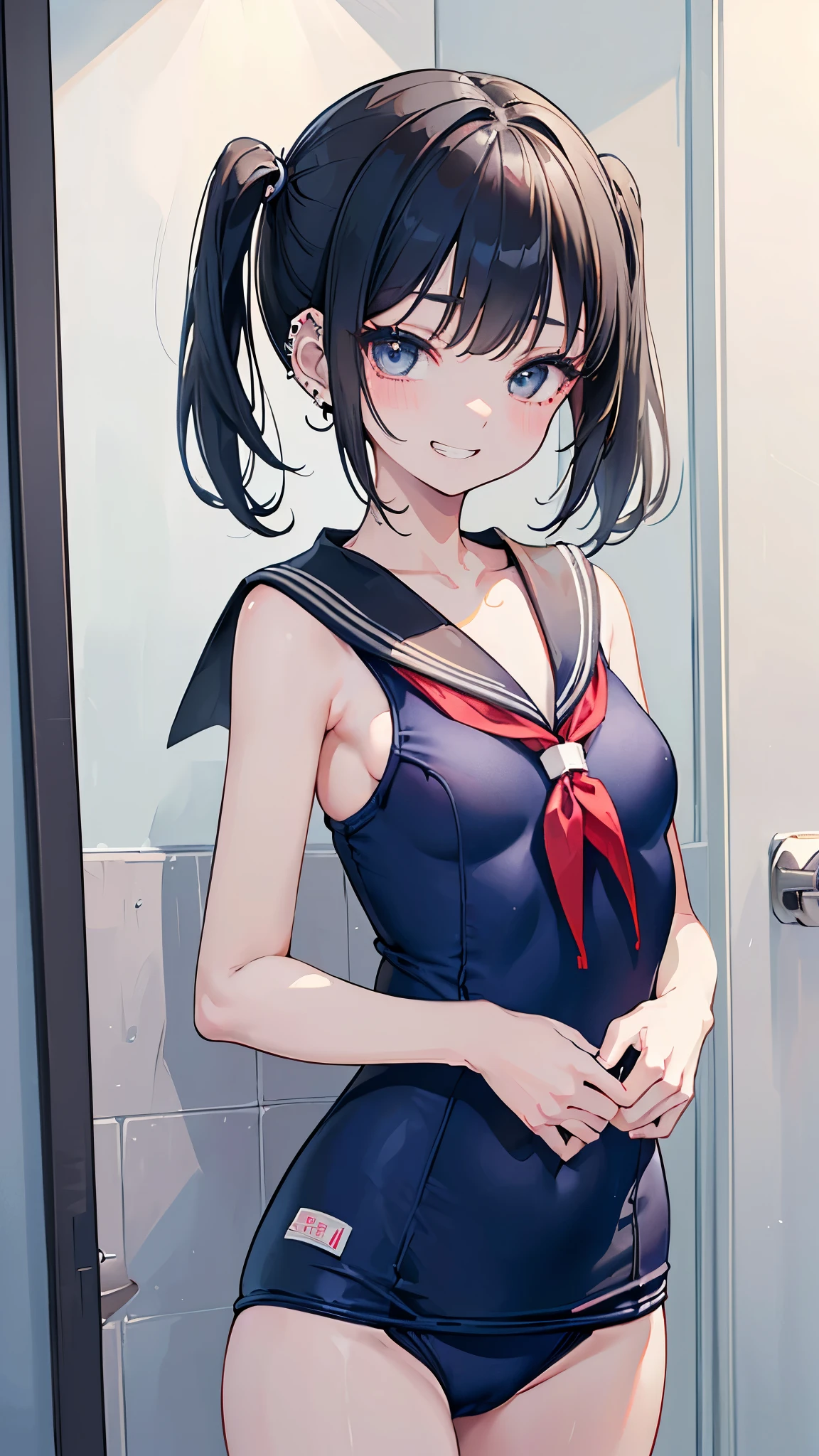 (masterpiece、Highest quality、Very detailed))、One girl、Black Hair、short hair、twintails、Grey Eyes、Sharp Eyes、((lots of piercing))、((Grin))、((Small breasts))、((((serafuku))))、((Navy blue school swimsuit))、Cowboy Shot、Shower Room Background