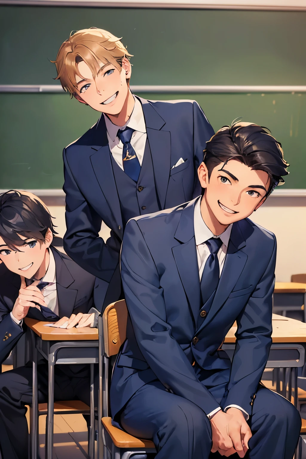 ((best quality)), ((masterpiece)), ((detailed)), (((perfect faces))), (((detailed background))), (((classroom))), (((age boys in navy blue suits))), (((looking at viewer))), (((smile, laughing, smirking))), (((sitting))), (((looking over shoulder)))