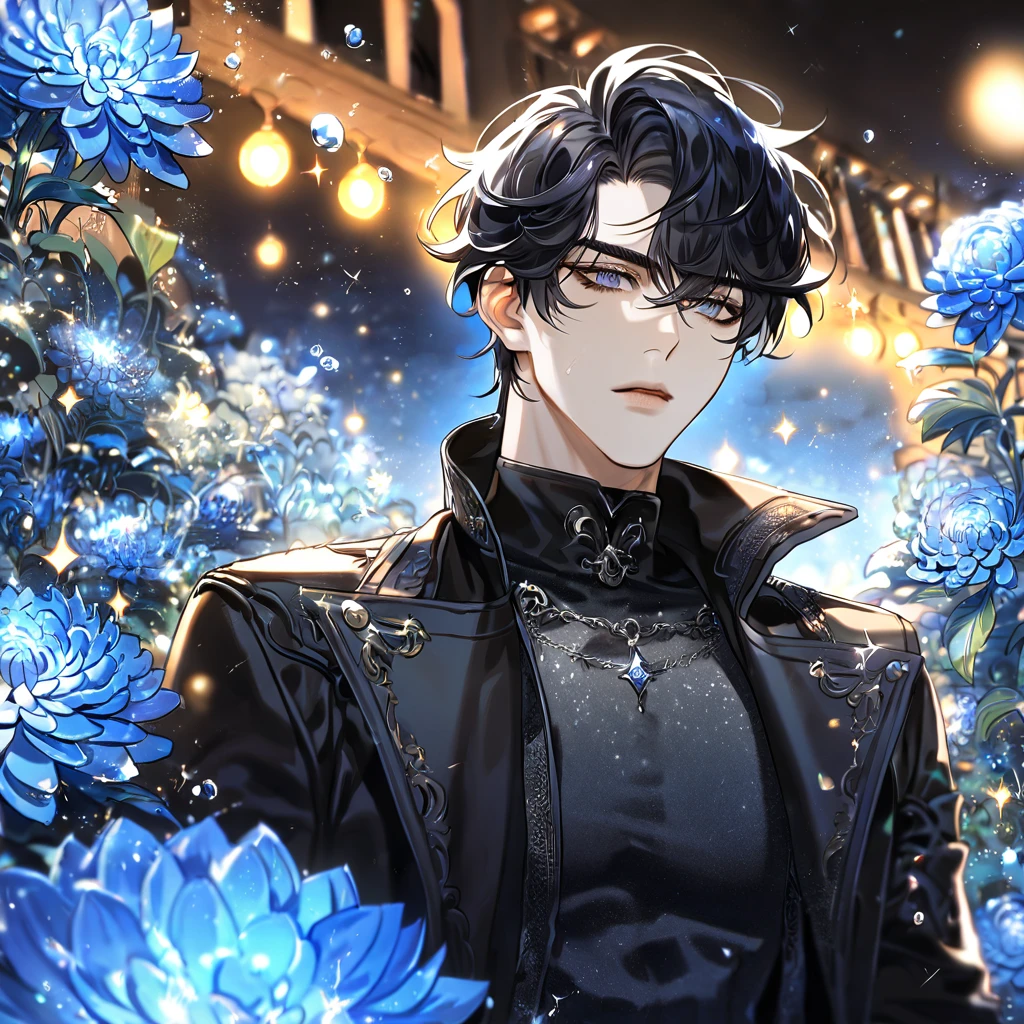 absurdres, highres, ultra detailed, HDR, master piece, best quality, extremely detailed, Yoo Joonghyuk, black hair, expressive gray eyes, Omniscient Reader's Viewpoint, solo, sexy man, handsome, black coat, black tight turtleneck shirt, fantasy, water, sparkling, blue glittering fireflies, blue moon, blue blossoms, blue chrysanthemums, blue sparkling lights, starry sky